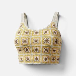 New In Crochet Granny Square Crop Top Yellow Brown Boho Tank NT11588‎ S/M
